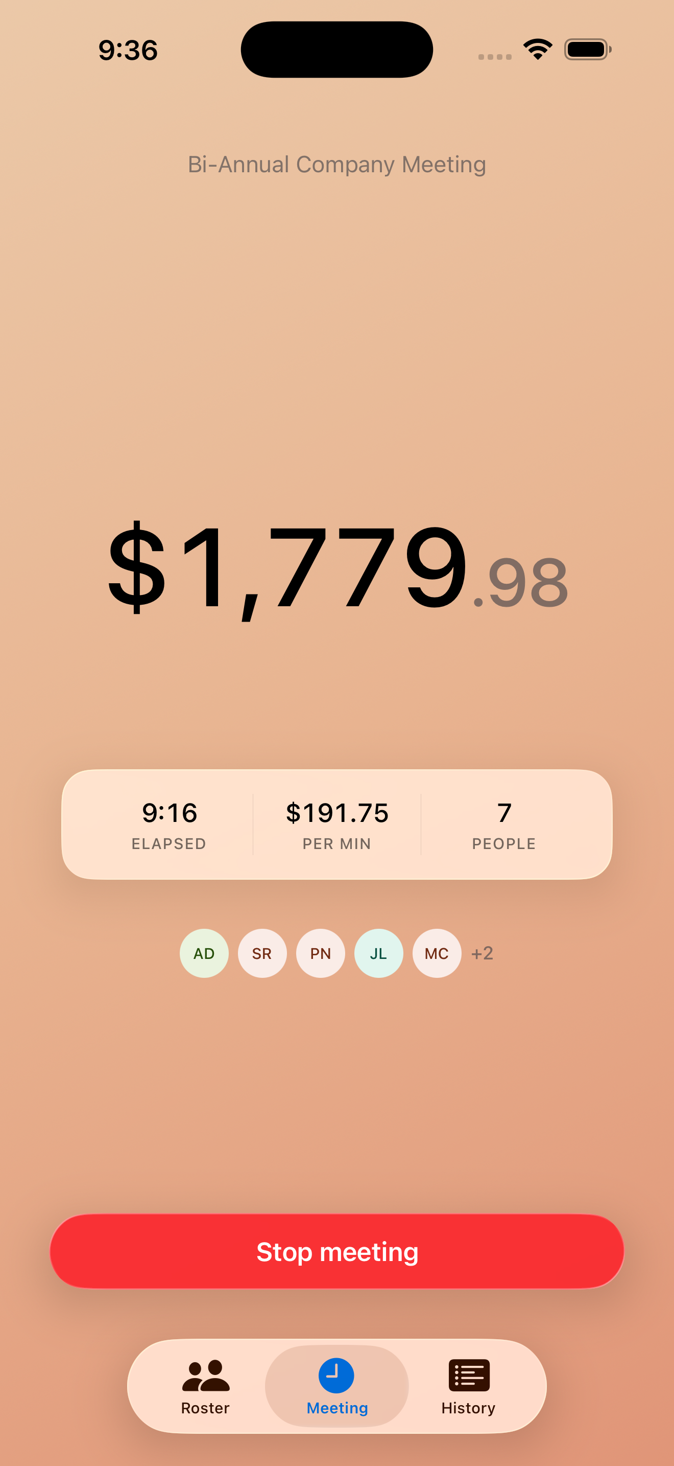 Minuted showing $1,779 on a warm coral gradient during an expensive company meeting