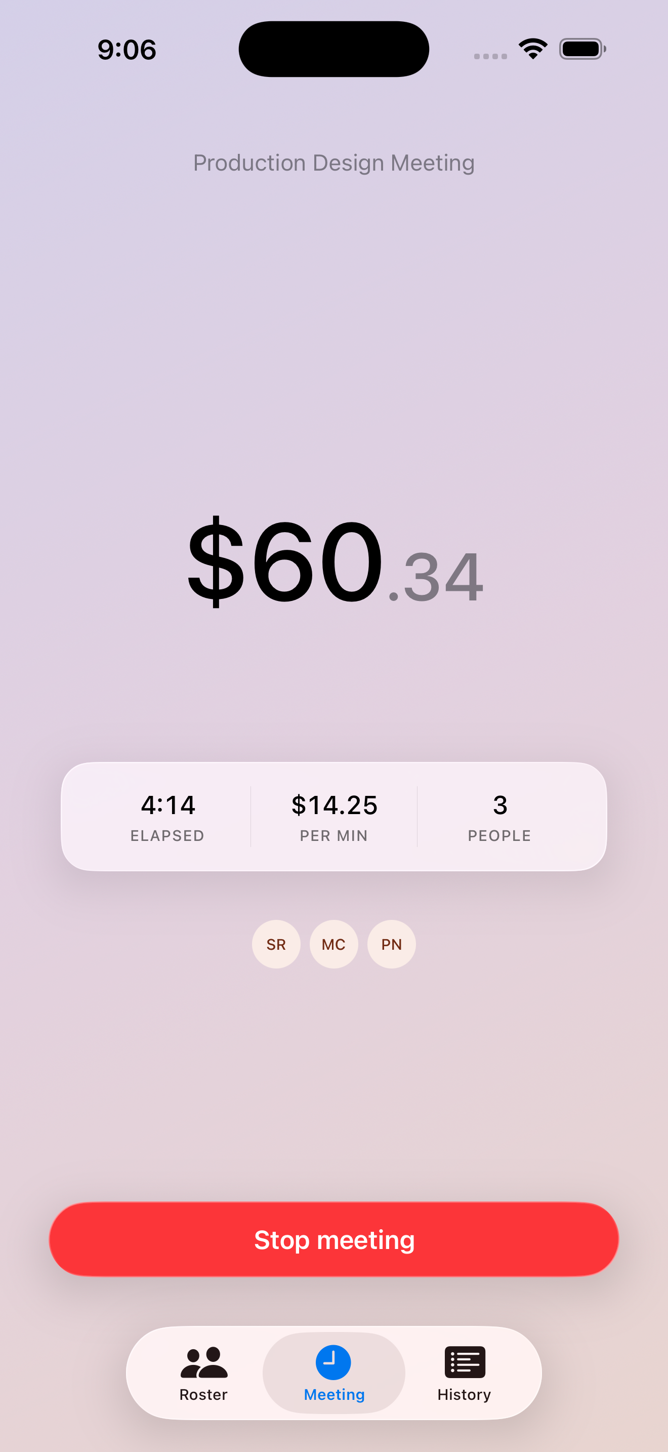 Minuted running at the start of a meeting, showing $60.34 on a calm blue gradient