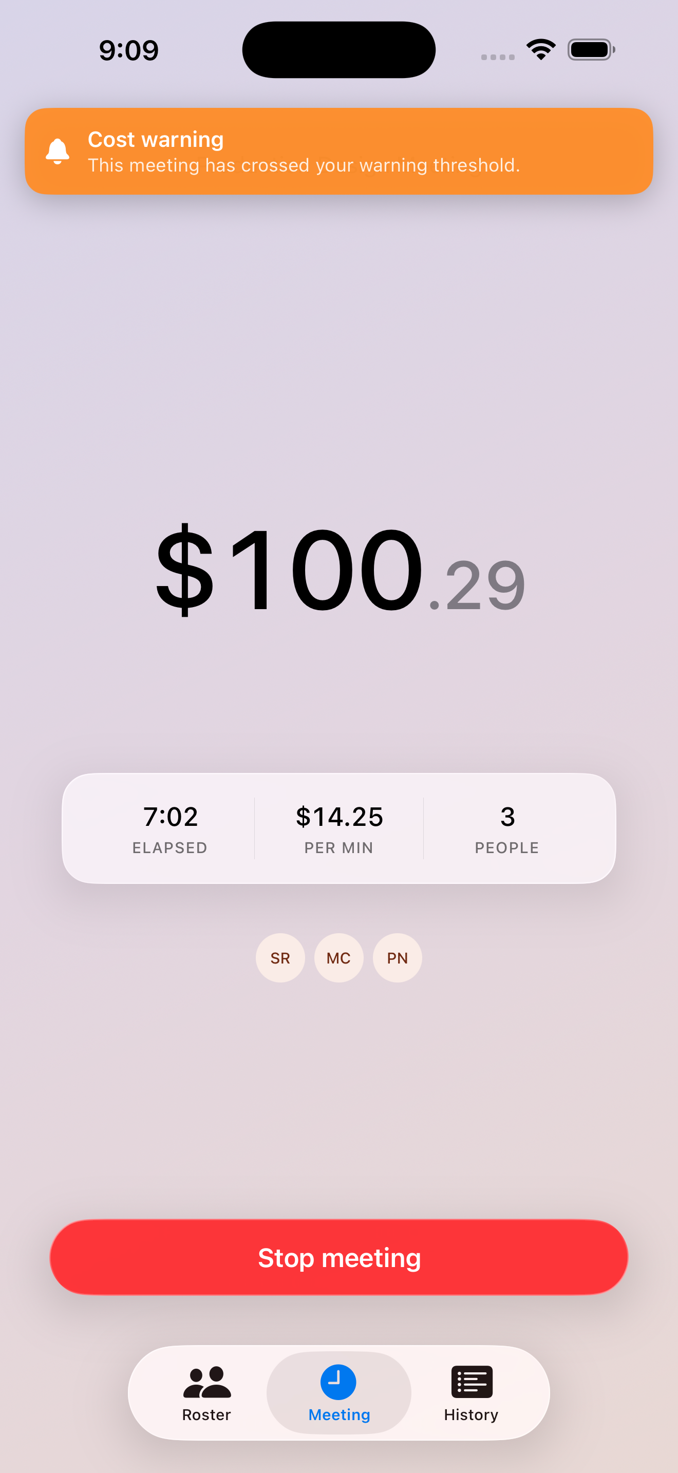 Minuted showing a cost warning banner when the meeting crosses $100